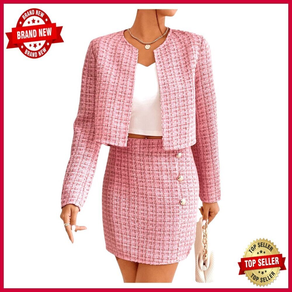 Plaid Tweed Blazer and Skirt Set, Long Sleeve Jacket, 2 Piece Outfit